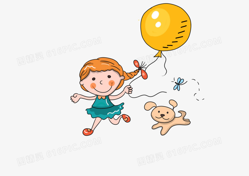 小女孩拿着气球遛着狗