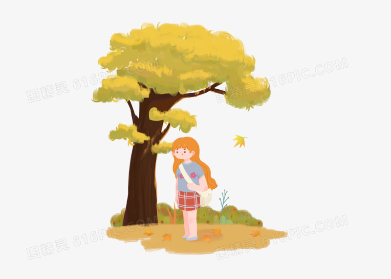 立秋秋天来了大树创意植物手绘矢量卡通枫叶小女孩秋季