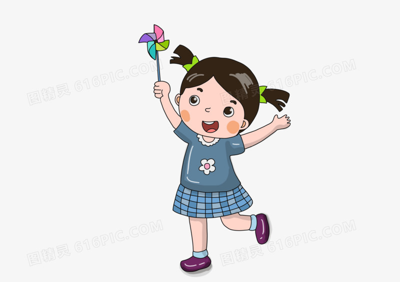 卡通女孩拿着风车元素