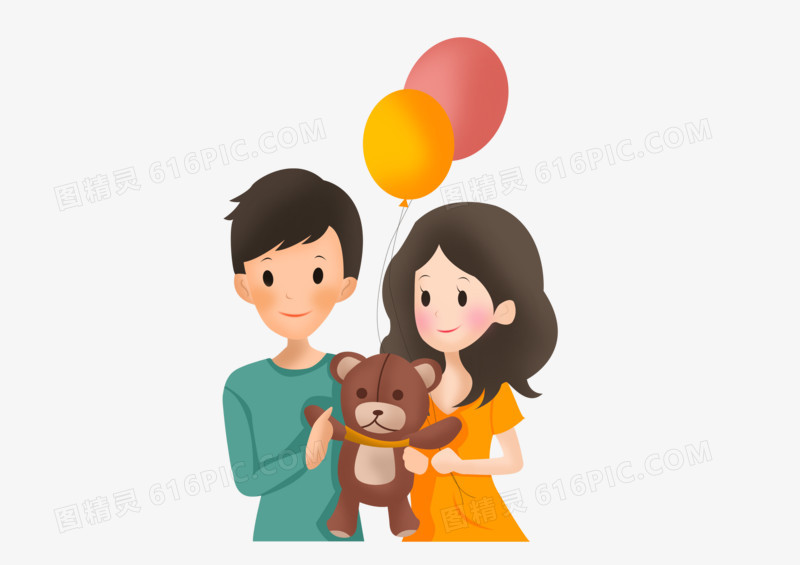 七夕情人节之手绘卡通放气球抱小熊的情侣
