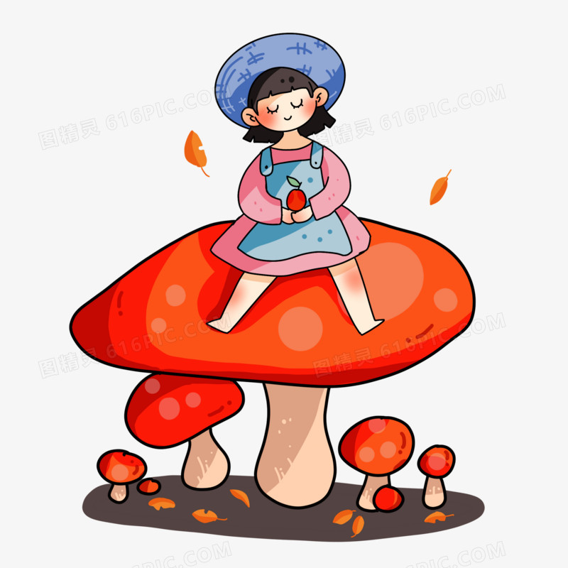 坐在蘑菇上的女孩插画元素下载
