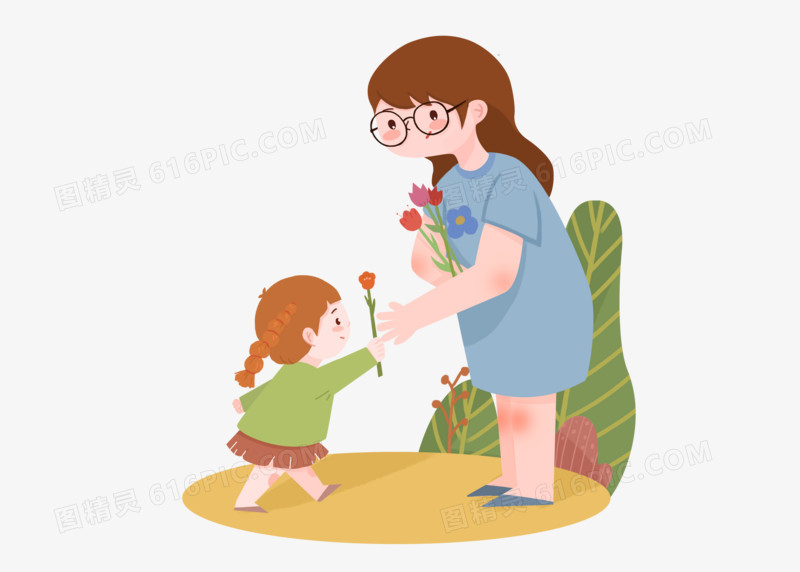 教师节快乐老师卡通手绘形象小朋友给老师送花