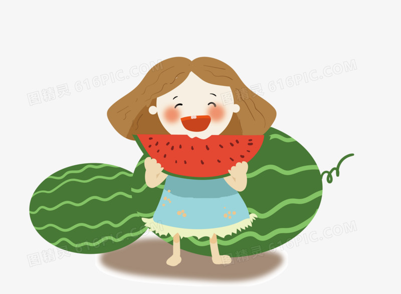 手绘开心吃西瓜的小女孩