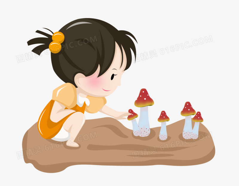 秋天之手绘卡通采蘑菇的小女孩