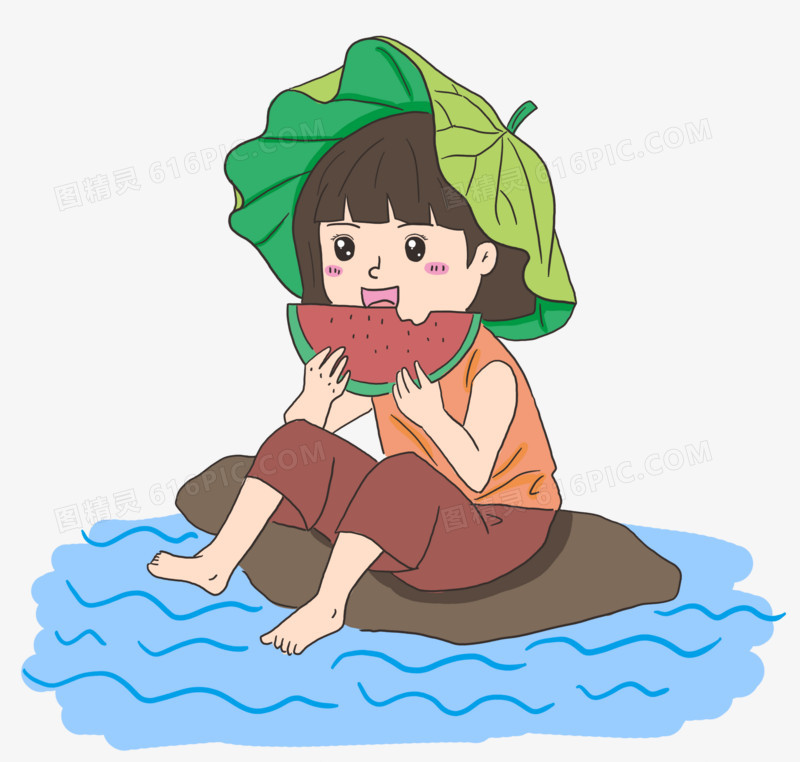 卡通简约可爱夏季小孩吃西瓜