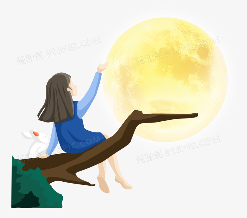 中秋节之手绘卡通女孩跟小兔子一起赏月