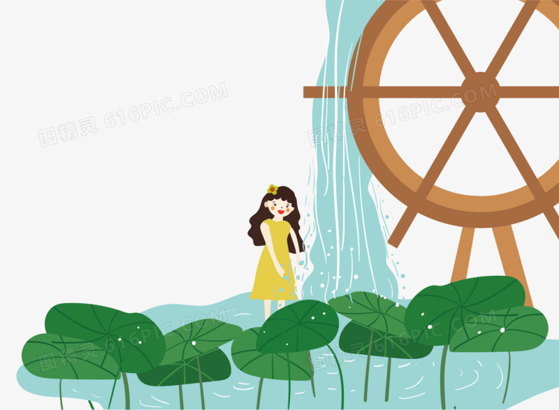 手绘夏季水车边的小孩