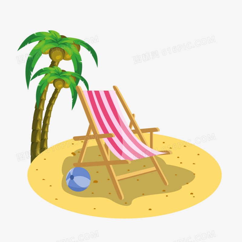 夏天之手绘卡通沙滩椰子树沙滩椅
