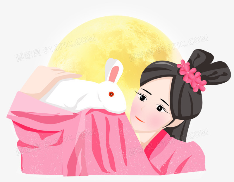 中秋节之手绘卡通美丽嫦娥捧玉兔
