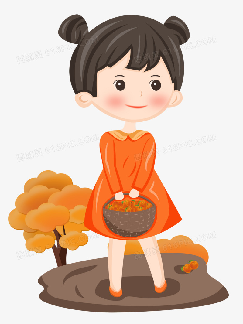 秋天之手绘卡通提水果篮子的女孩
