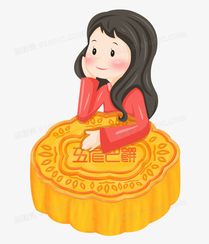 中秋之手绘卡通传统美食月饼与少女
