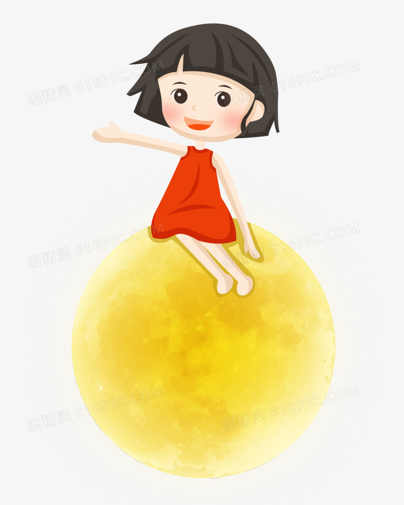 中秋节之手绘卡通女孩坐在月亮上赏月