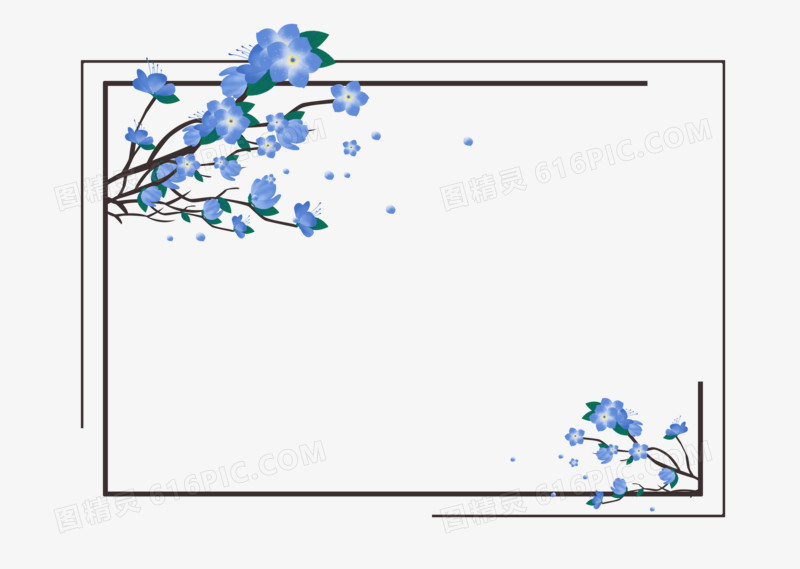 手绘卡通精美的蓝色植物花卉边框