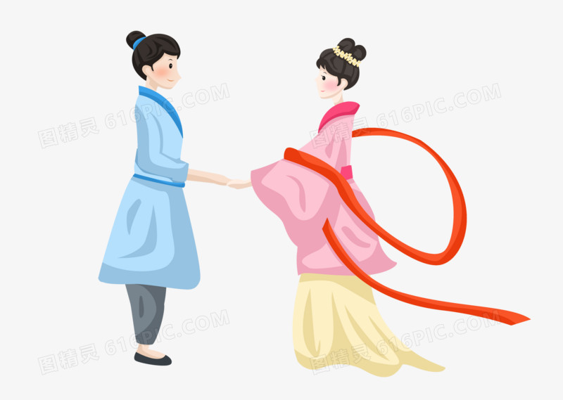 七夕情人节之手绘卡通牛郎和织女牵手