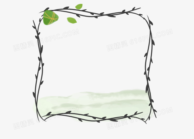 端午节粽子艾叶水墨手绘绿色植物叶子简约边框装饰