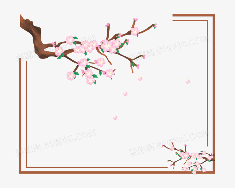 手绘卡通中国风植物桃花小鸟边框
