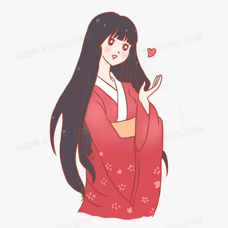少女和服爱心手绘卡通元素