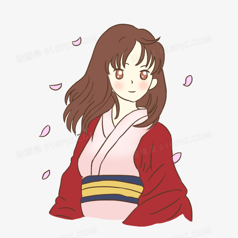 少女樱花和服手绘卡通素材