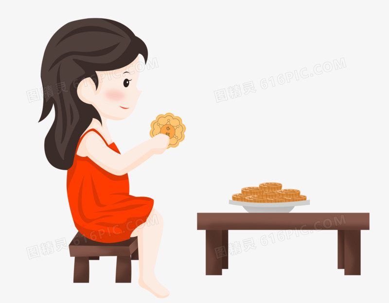 中秋节之手绘卡通女孩坐着凳子上吃月饼