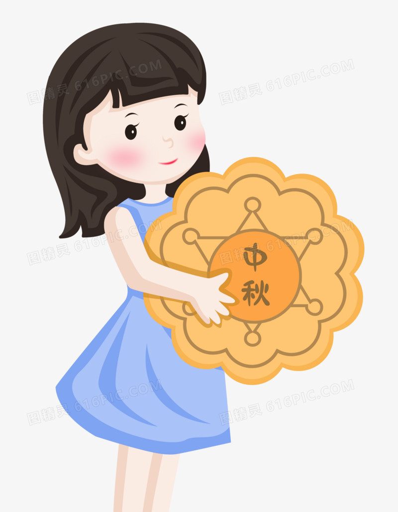 中秋节之手绘卡通女孩抱着大月饼