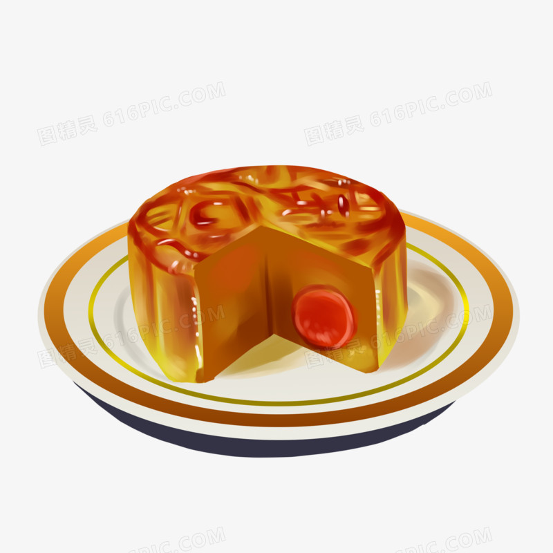 手绘放在盘子上的月饼素材