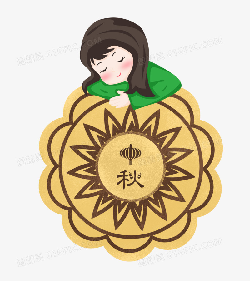中秋节之手绘卡通女孩睡在月饼上