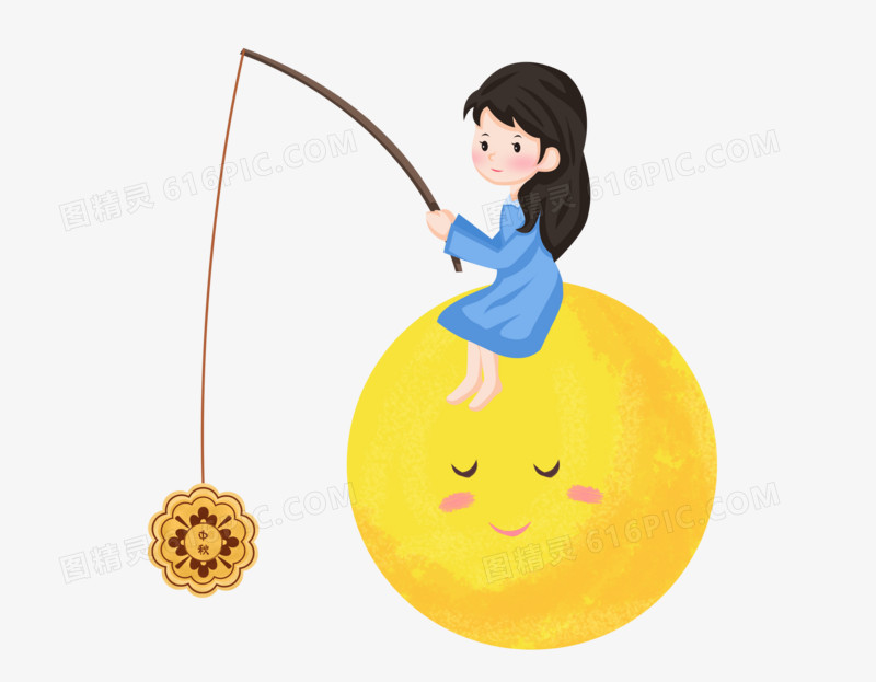 中秋节之手绘卡通女孩坐着月亮上钓月饼