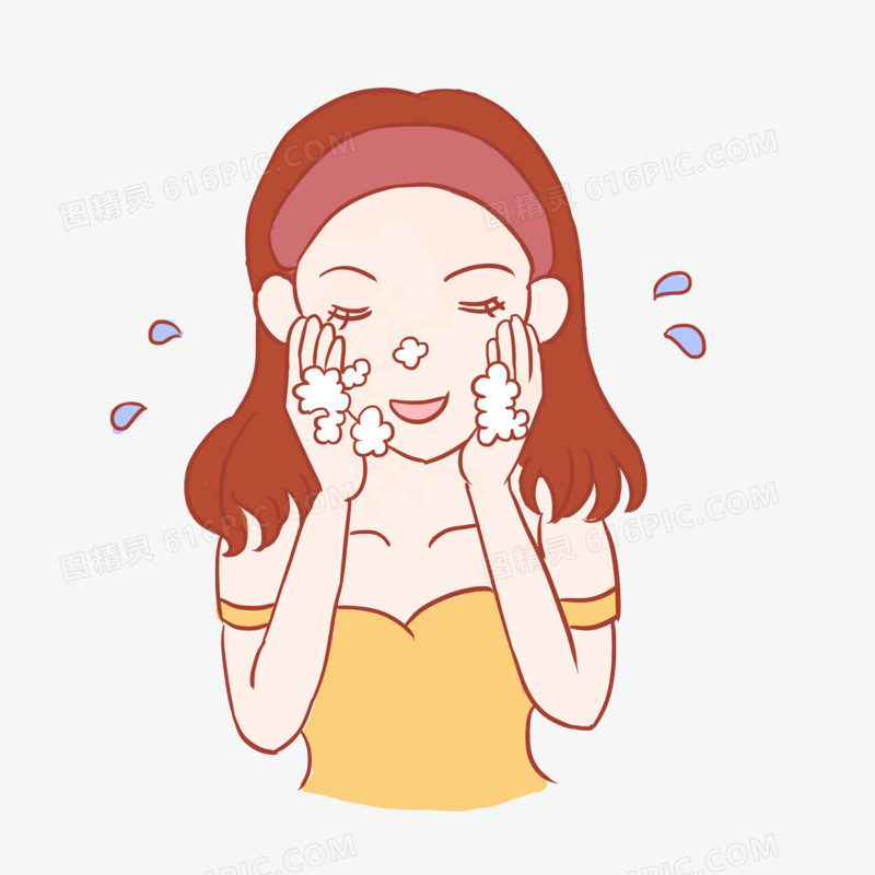 女孩洗脸美容保养手绘卡通素材