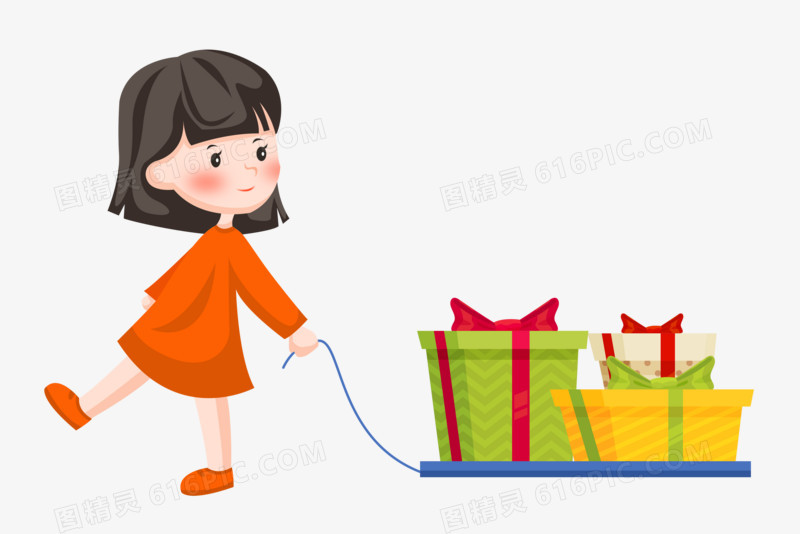 618只手绘卡通女孩拖着商品满载而归