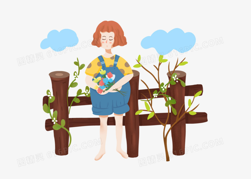 卡通可爱女孩游玩手绘插画