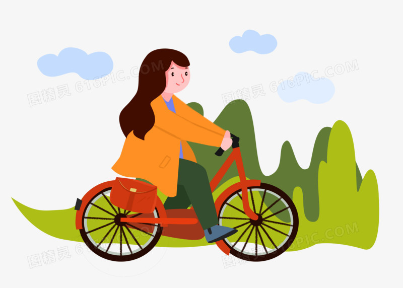 手绘卡通女孩骑自行车郊游