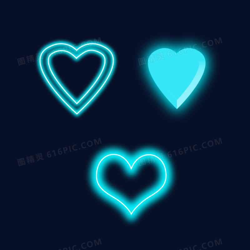 三款爱心型蓝色夏日霓虹灯免抠元素