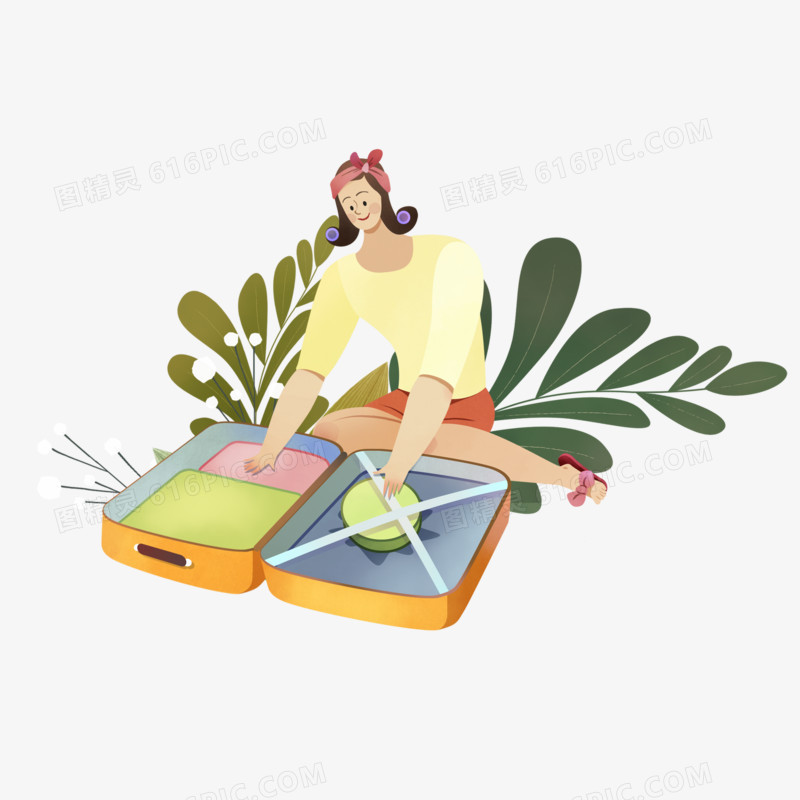 手绘女生收拾旅行箱插画元素