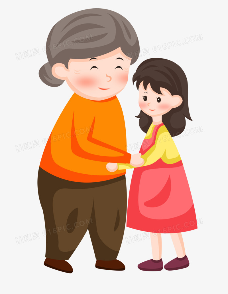 重阳节之手绘卡通女孩拥抱老奶奶