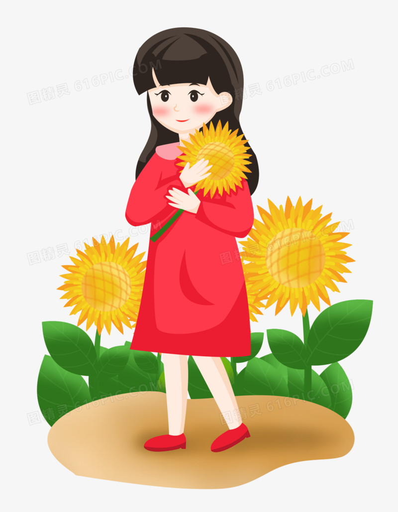 手绘卡通女孩之夏季出游赏向日葵