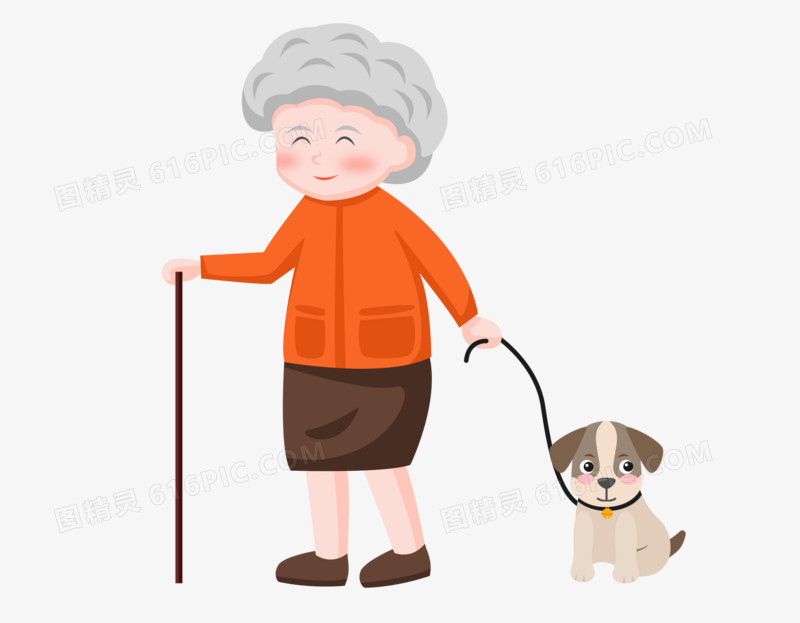 重阳节之手绘卡通老奶奶遛狗