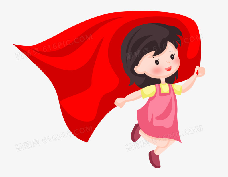 国庆节之手绘卡通女孩拿着红旗跳跃