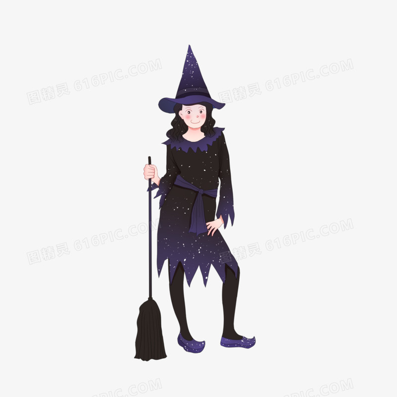 手绘卡通万圣节之紫黑小女巫