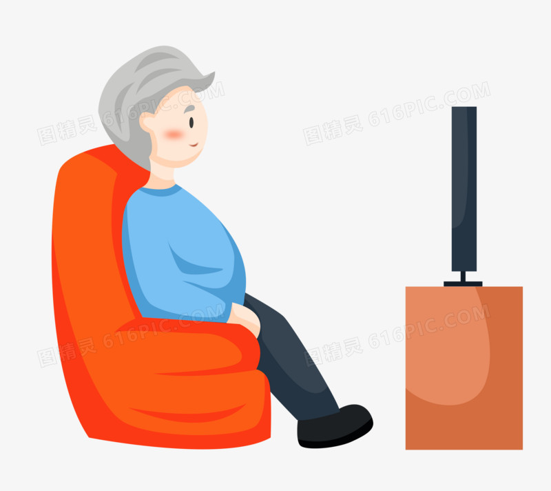 重阳节之手绘卡通老爷爷坐在沙发上看电视