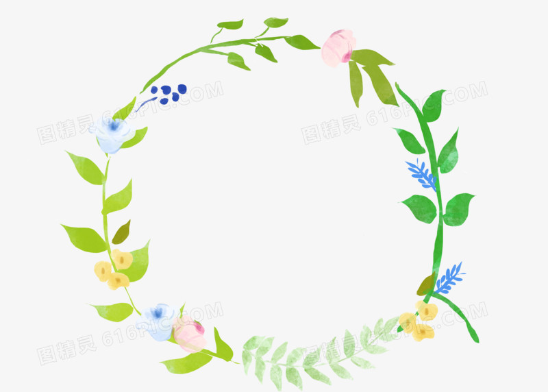 手绘植物水彩花卉森系叶子花环装饰边框
