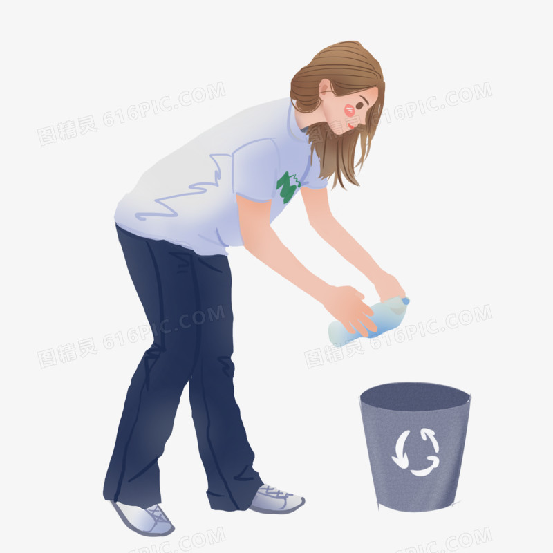 手绘垃圾分类扔垃圾弯腰女孩
