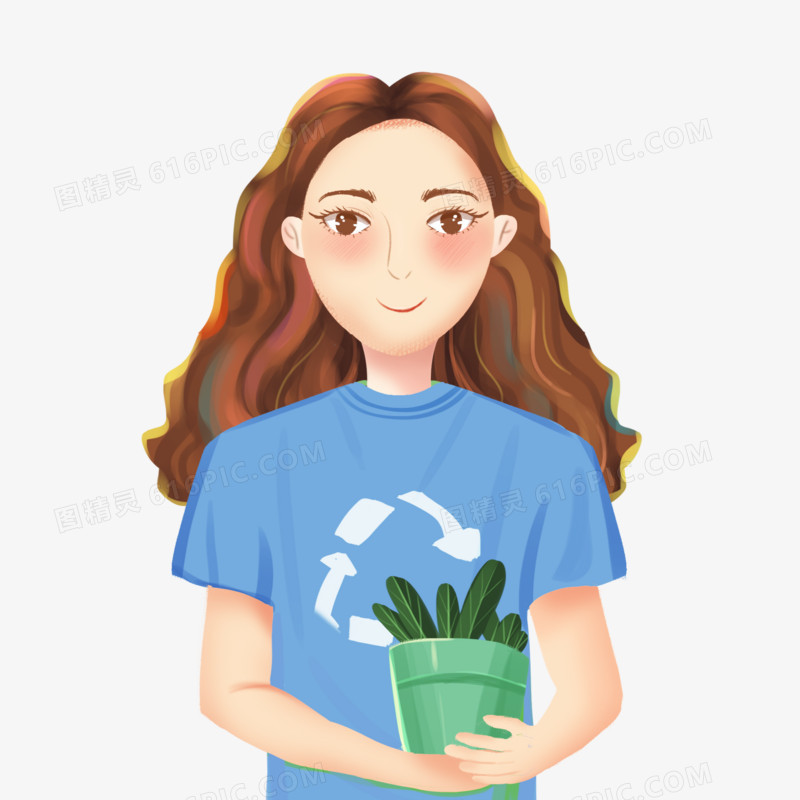 手绘垃圾分类保护环境女孩抱着盆栽