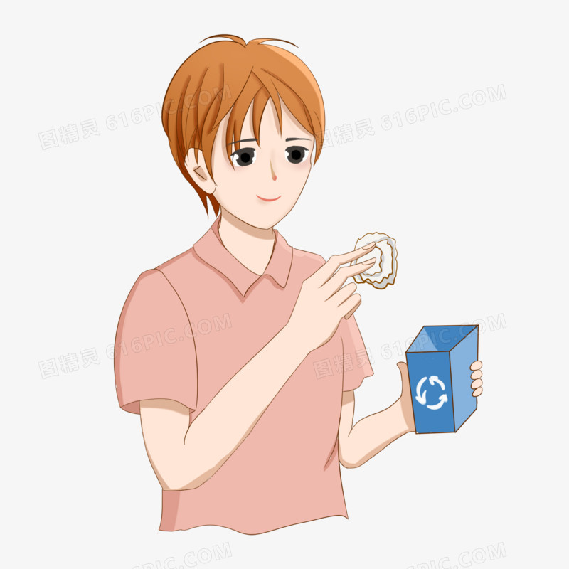 手绘垃圾分类男孩子向桶里丢垃圾