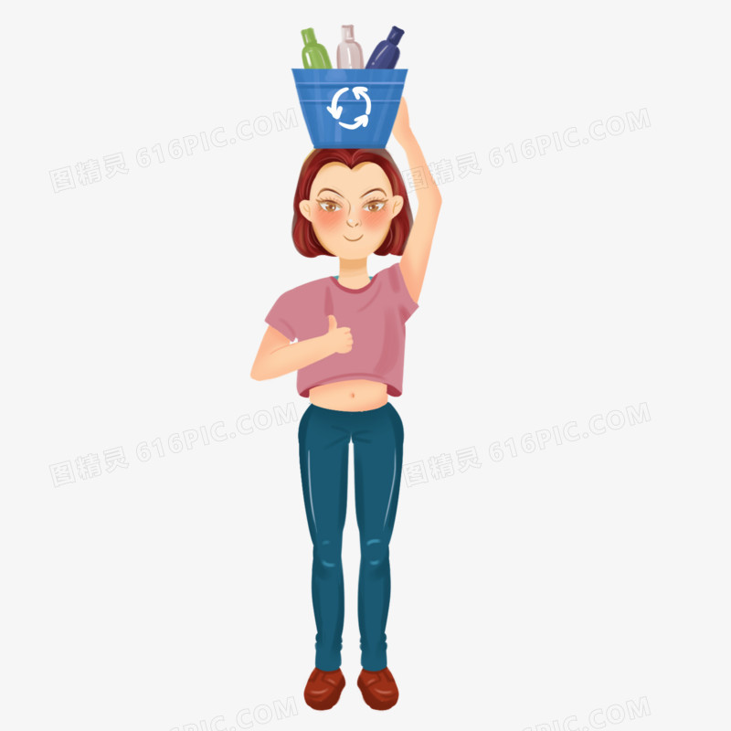 手绘垃圾分类女孩举着垃圾桶