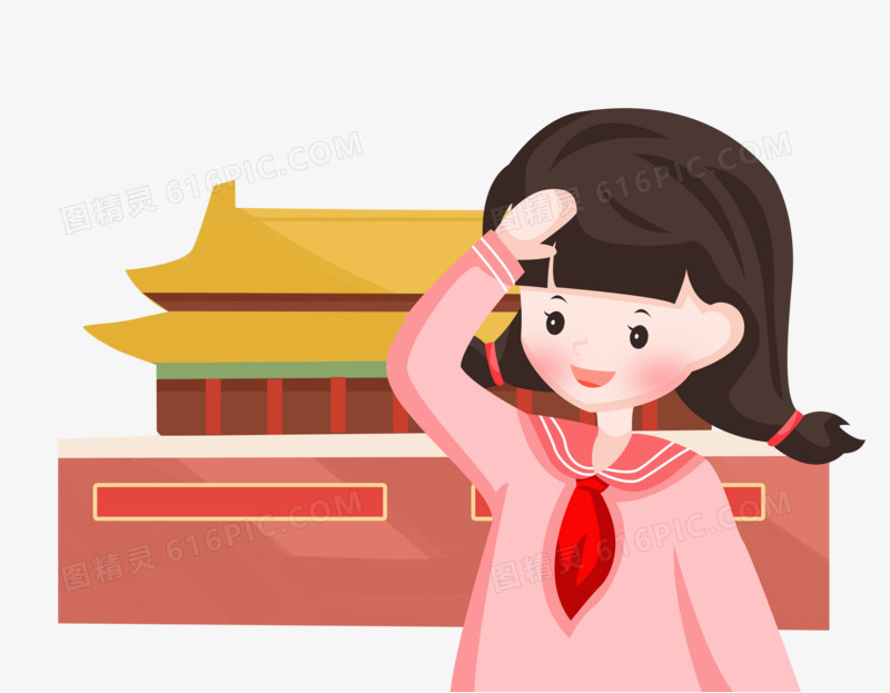 国庆节之手绘卡通女孩在天安门敬礼