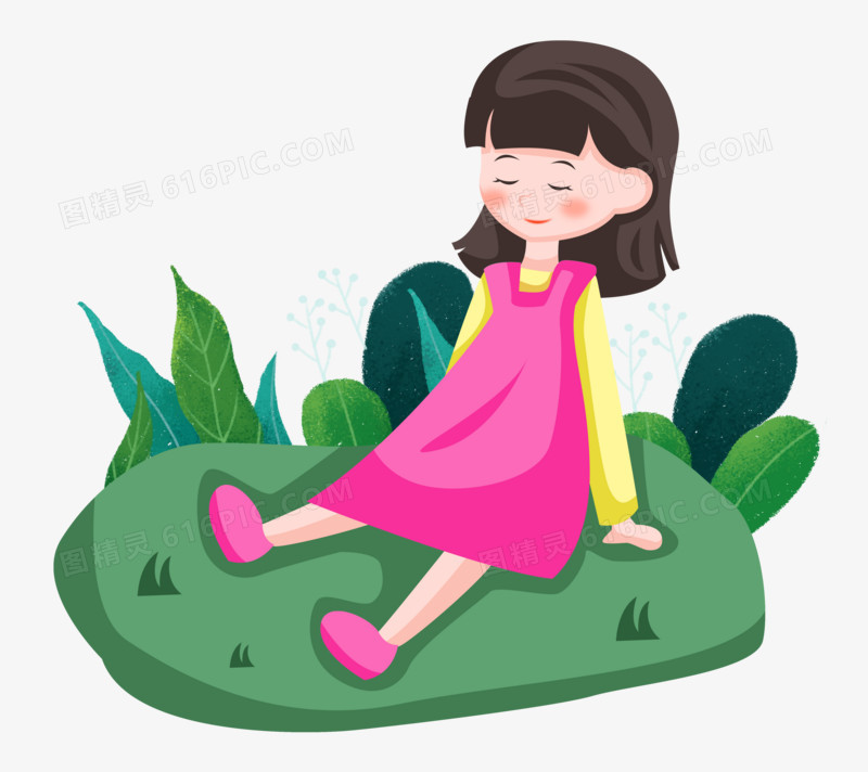 手绘卡通女孩夏季郊游