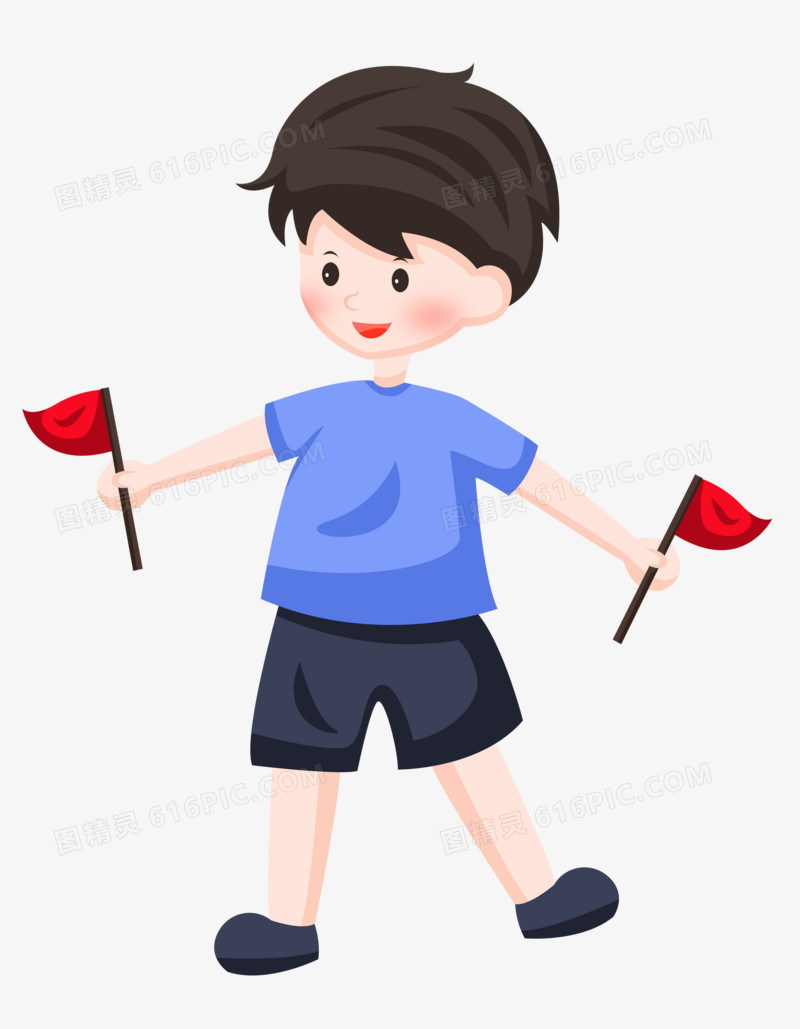 国庆节之手绘卡通小男孩手拿着三角红旗