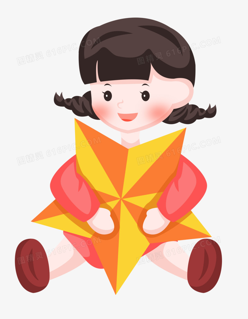 国庆节之手绘卡通女孩抱着五角星