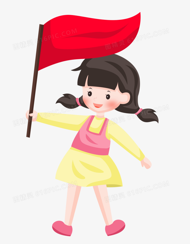 国庆节之手绘卡通拿着红旗的女孩子