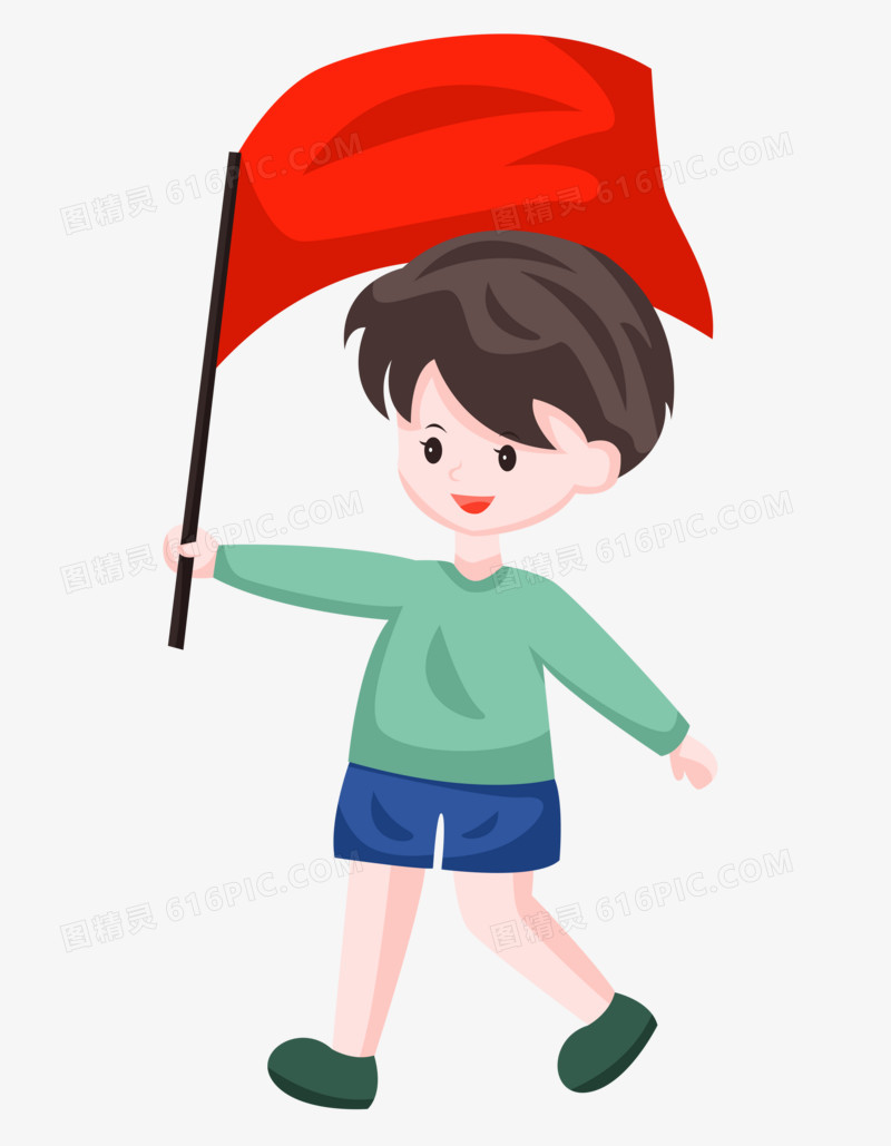 国庆节之手绘卡通拿着红旗的男孩子1